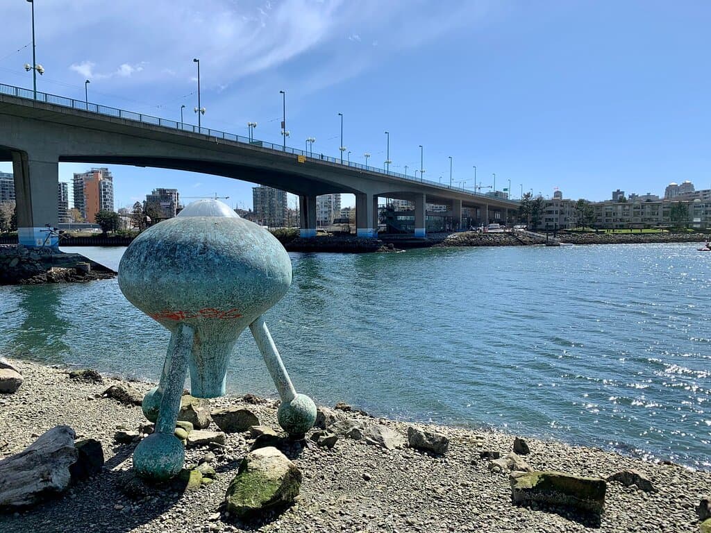 Cambie Bridge w/ the Time Top Sculpture in the foreground