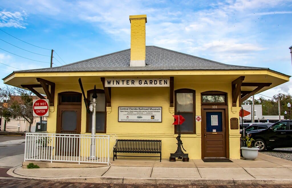 The Central Florida Railroad Museum occupies the former Tavares and Gulf Railroad Depot at 101 South Boyd Street in Winter Garden.