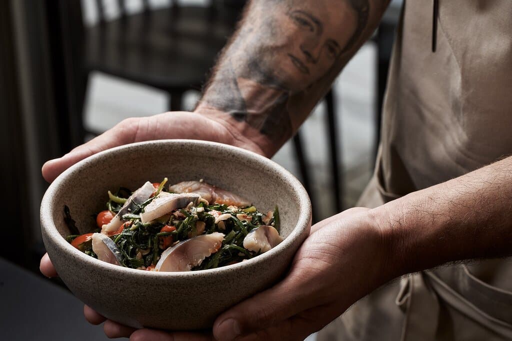 Cost Chicory, semi-salted mackerel, hazelnut and florini pepper sauce.