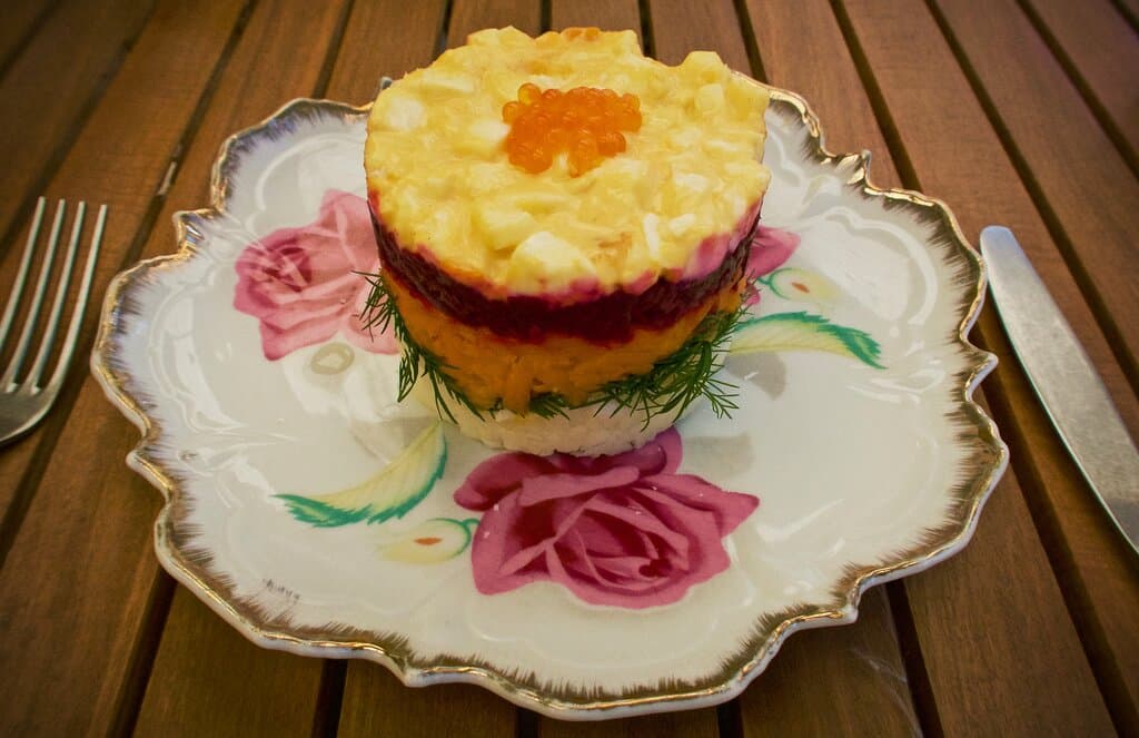 "Salted Scott Reef Monkfish 'Under a Fur Coat'" $16 Monkfish, fennel tops, grated carrot, grated beetroot, hardboiled egg with mayo, with a bit of (salmon?) 'caviar'. Looks better than it tastes.