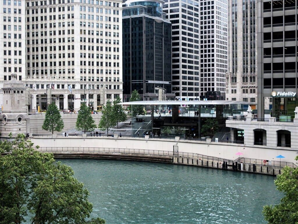 Pioneer Court, as viewed from the Chicago Riverwalk. July 2021