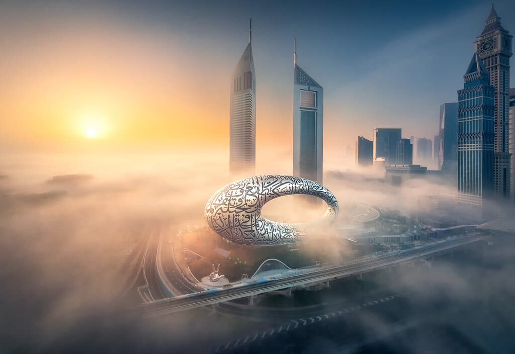 Museum of the Future, Dubai through the mist at sunrise