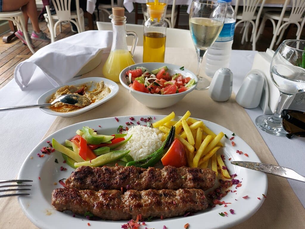 Humus topped with pastirma and Sis Kofte (Ground Beef Skewers) with Coban Salad.