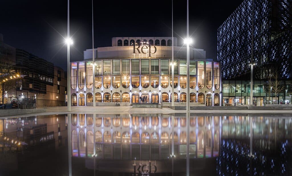 Birmingham Rep exterior at night.