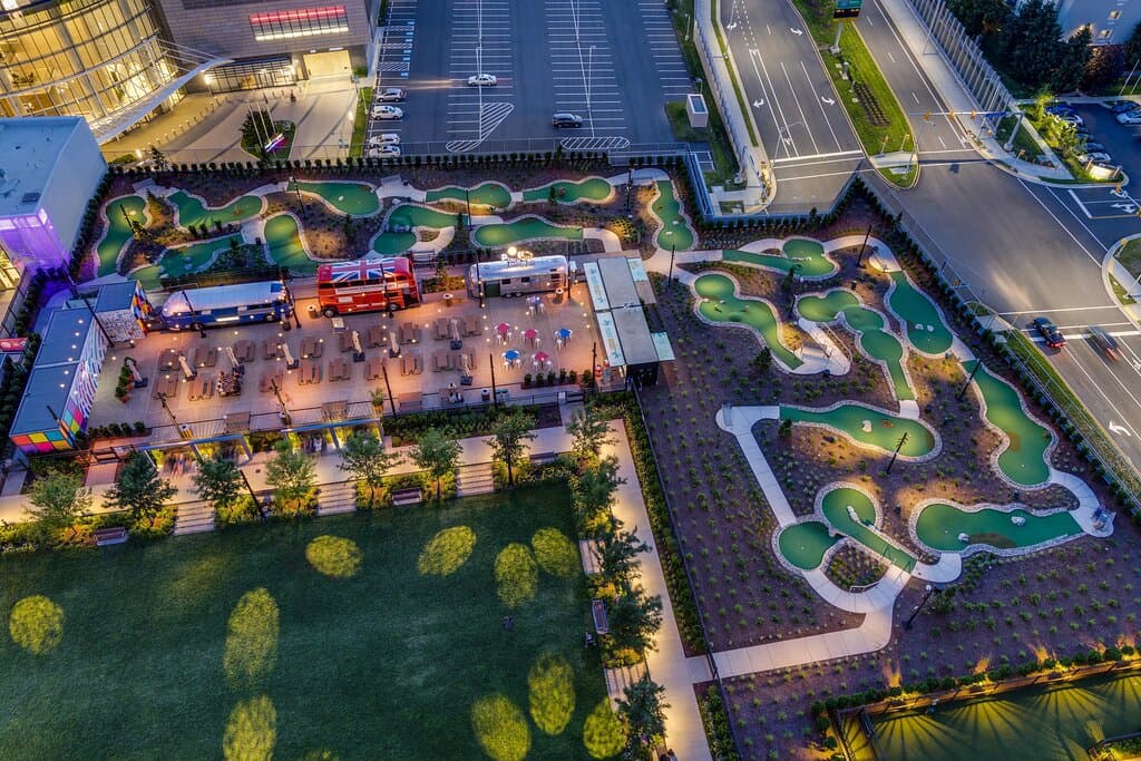 Located 11 stories up on The Perch at Capital One Center, Perch Putt is an 18-hole mini golf course offering seasonal street food, frozen cocktails and inventive libations.