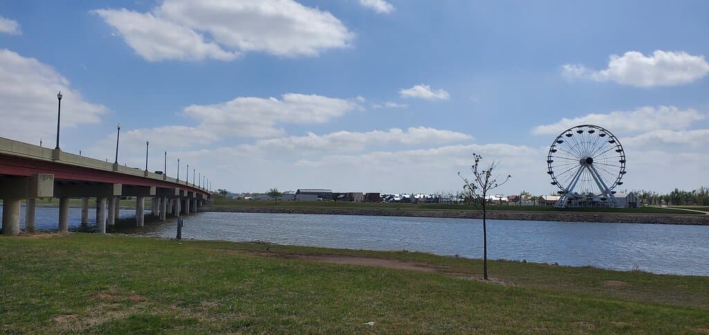 Overpass, Oklahoma River, and view of Ferris wheel from Wheeler Park