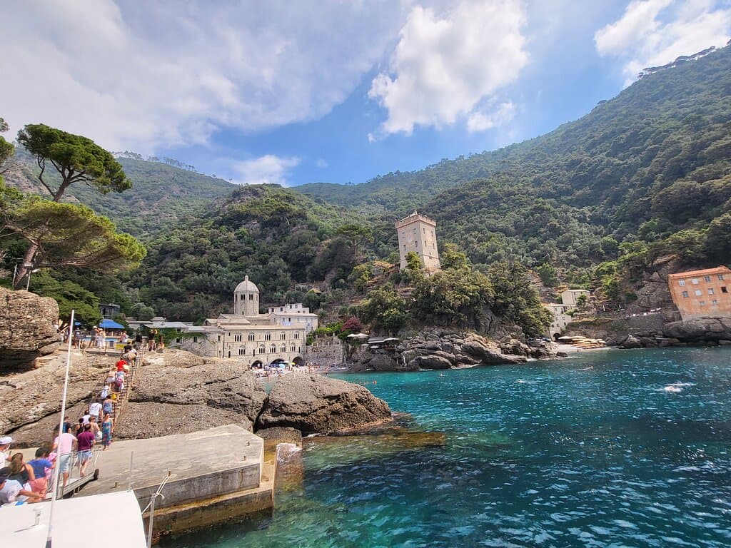 Atop a ferry floating on the Baia Di San Fruttuoso
