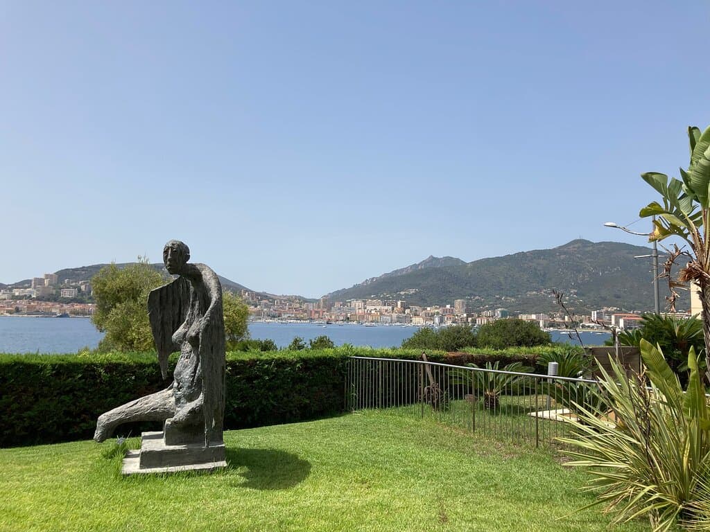 Sea view from the front lawn with art work everywhere