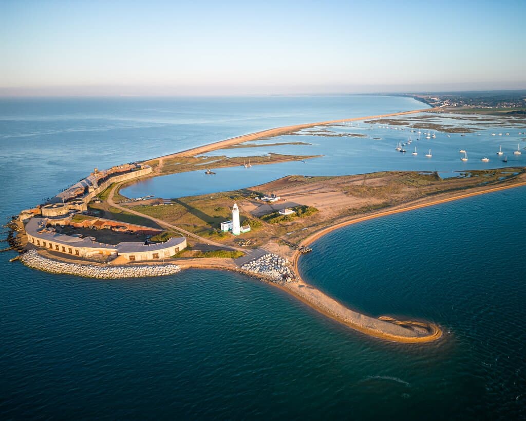 Drone image of Hurst Castle looking back to Milford on Sea

