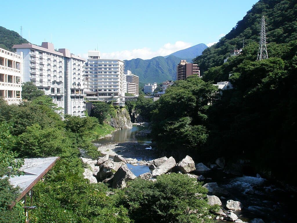 Views of the high rise hotels along the Kinugawa River