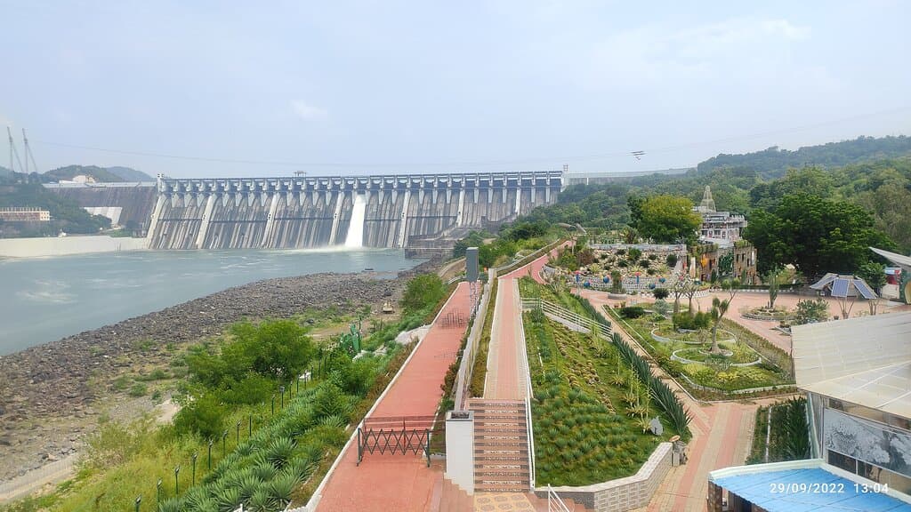View of Sardar Sarovar Dam from the viewing tower of Cactus Garden.