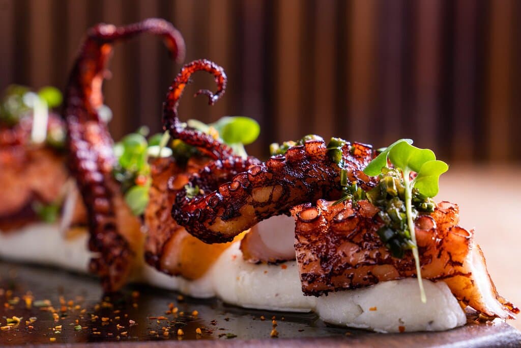 .Tako Nikkei. Pulpo al carbón, chimichurri nipón y puré de yuca. 