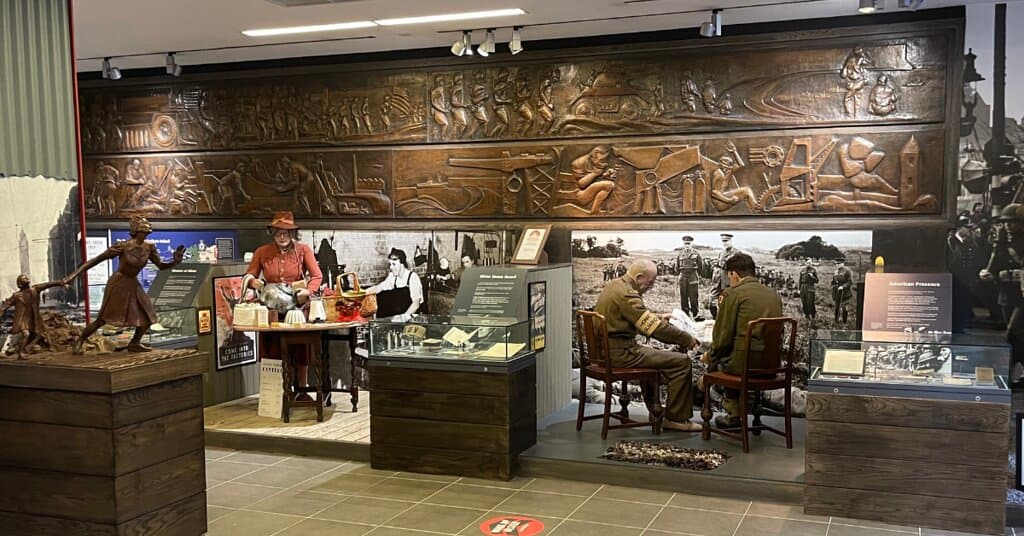 The gallery at the Northern Ireland War Memorial, objects on display relate to the Belfast Blitz, the Home Guard, the role of women and the arrival of US forces in 1942.