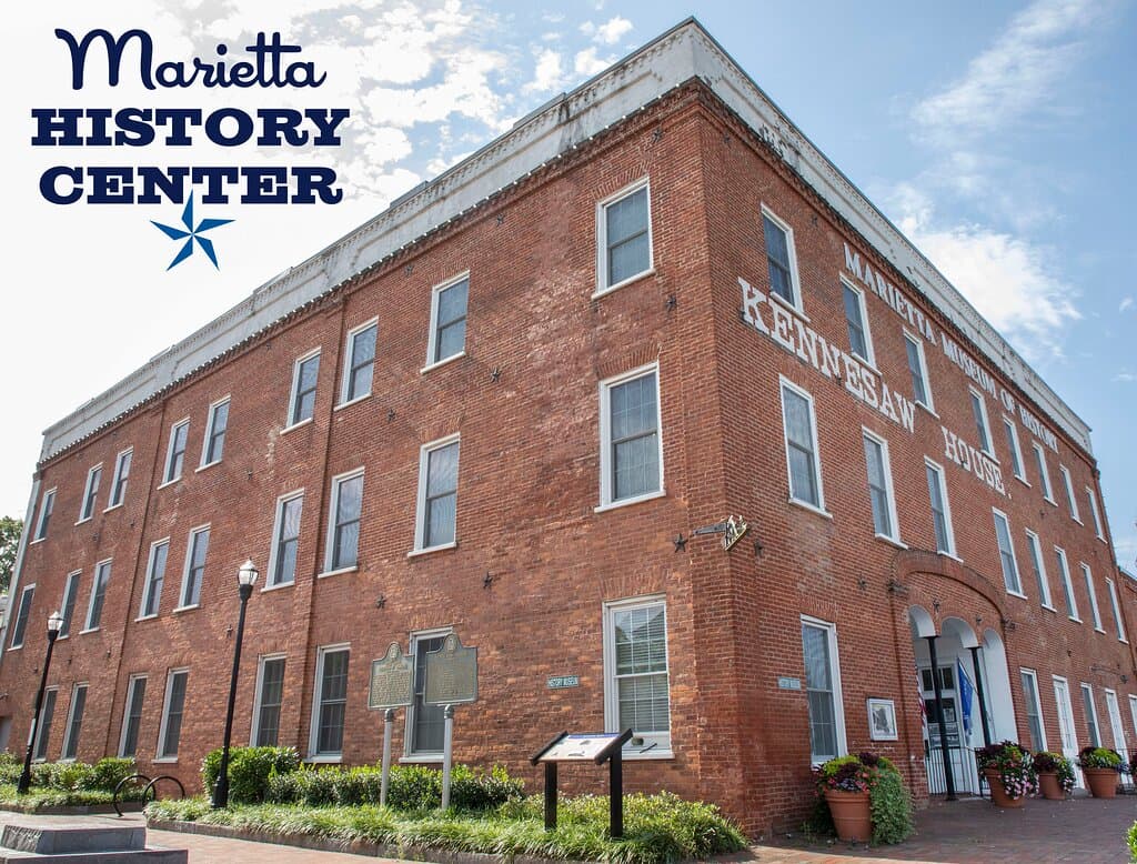 Located in front of the railroad tracks, just one block west of the Marietta Square.  The Marietta History Center is a historic 1845 brick building. 