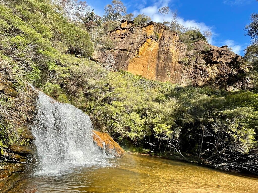 Jamison Creek meets the top of Wentworth Falls, a three tiered waterfall that tumbles 187 metres into the Jamison Valley