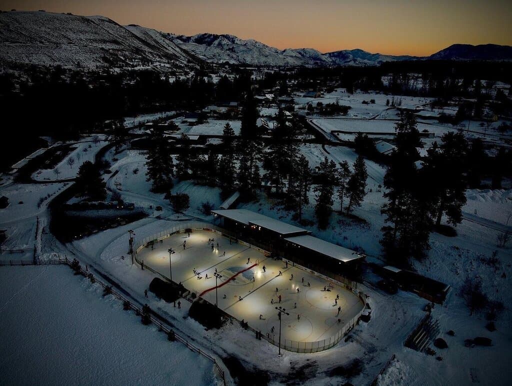 Bird's eye view of the Winthrop Rink in winter time, located in north-central Washington State in the scenic Methow Valley.