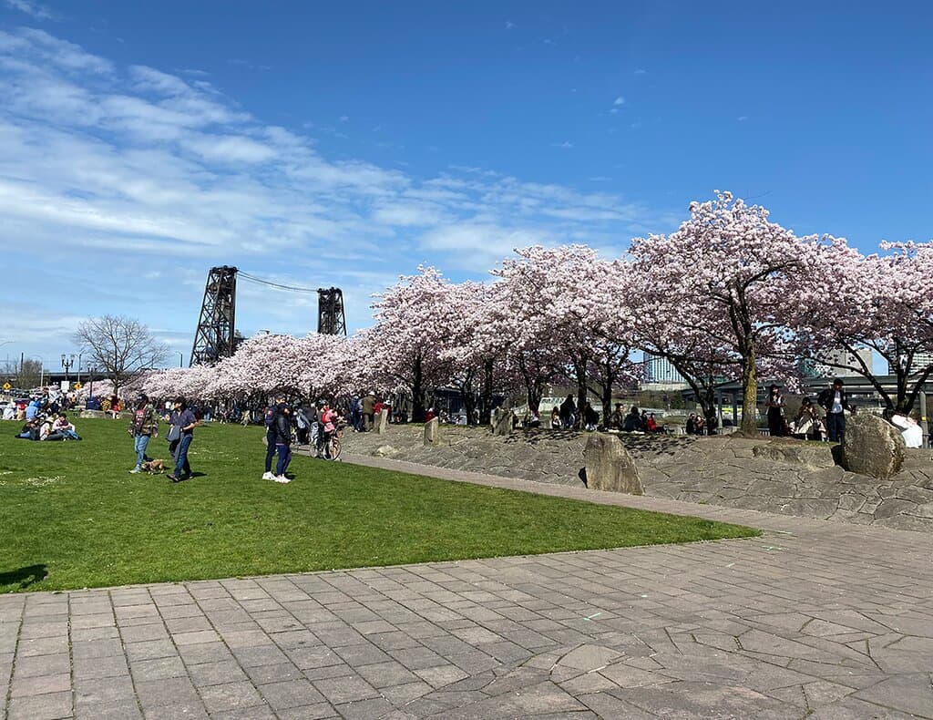 The Japanese American Historical Plaza on a sunny spring day.