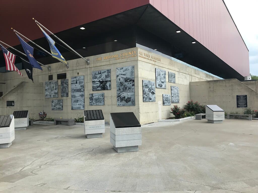 Memorials outside of the Visions Veterans Memorial Arena in Binghamton