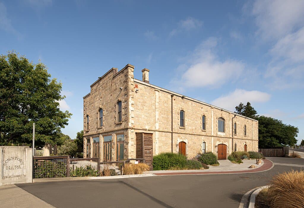 Robert Mondavi Winery Arch & Tower is located on the riverfront in downtown Napa in the historic Borreo building.