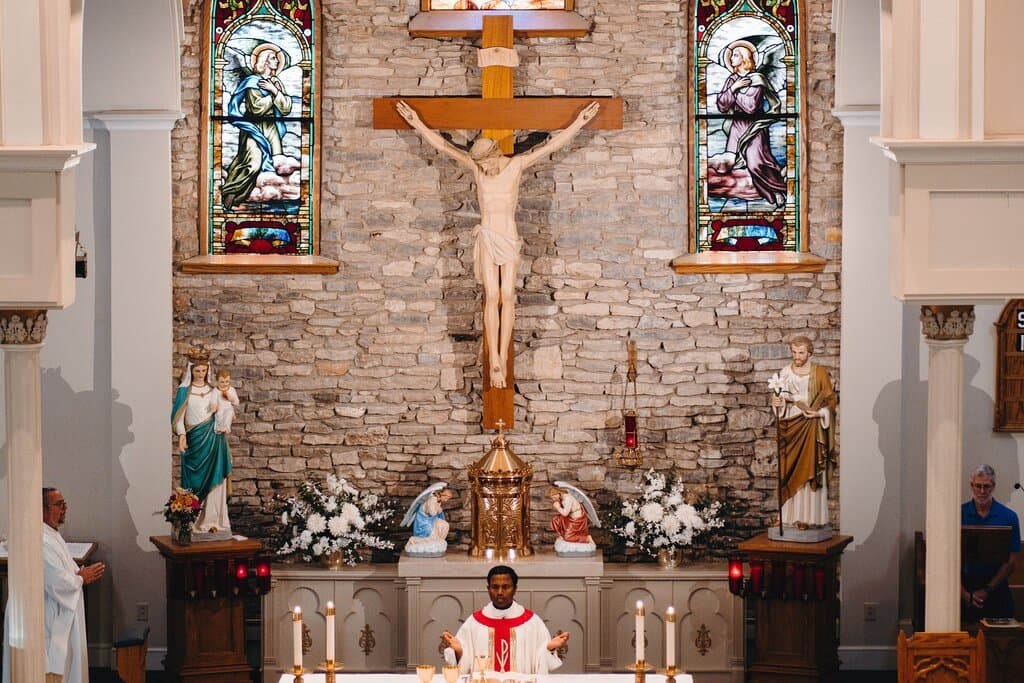 The sanctuary of the church with beautiful stained-glass windows