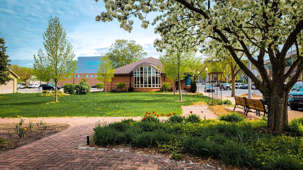 SCHS building and garden in spring.
