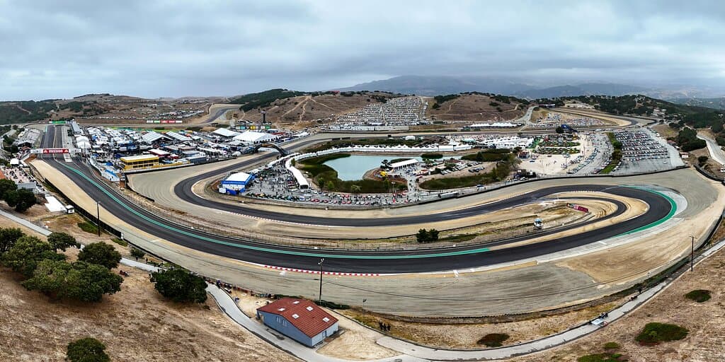 an aerial sot of the track during Porsche Rennsport Reunion 7