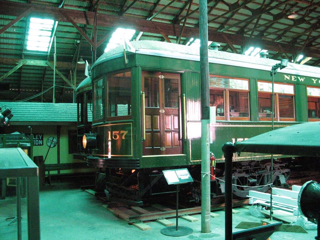 Rochester and Eastern interurban trolley car 157 once traveled between Rochester and Geneva and represents the style and comfort of the interurban era.