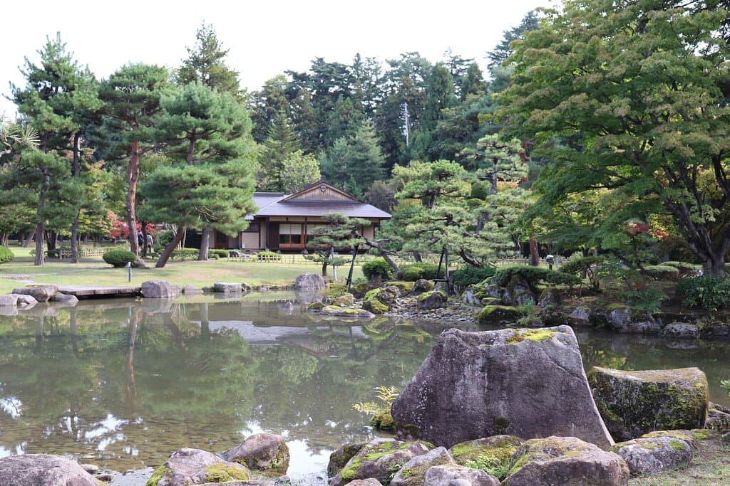西側の低い部分は池泉回遊式庭園です