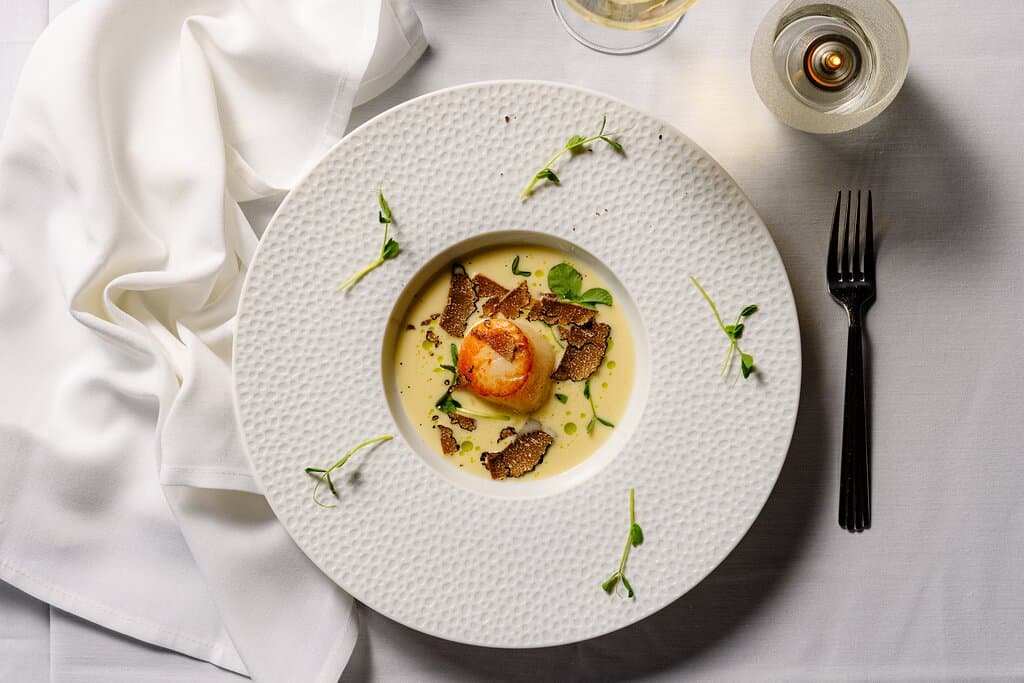 Smoked scallop, chilled Vichyssoise, black truffle