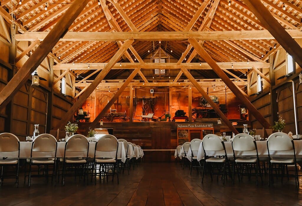 Inside the historic Salomon Old Barn - capacity 170 guests
