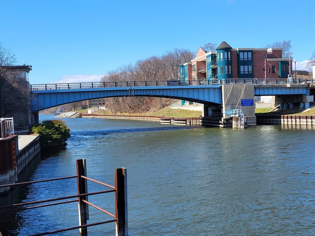 view of bridge from riverwalk