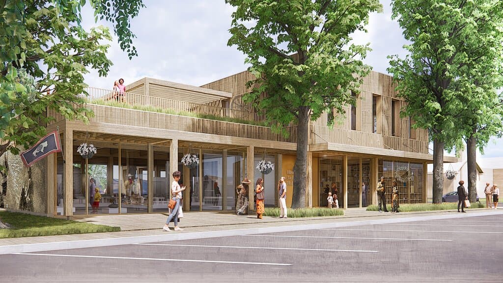 HGA Architects rendering of Jackson Hole History Museum run by History Jackson Hole (formerly Jackson Hole Historical Society & Museum, view from East Broadway Avenue, Jackson, Wyoming