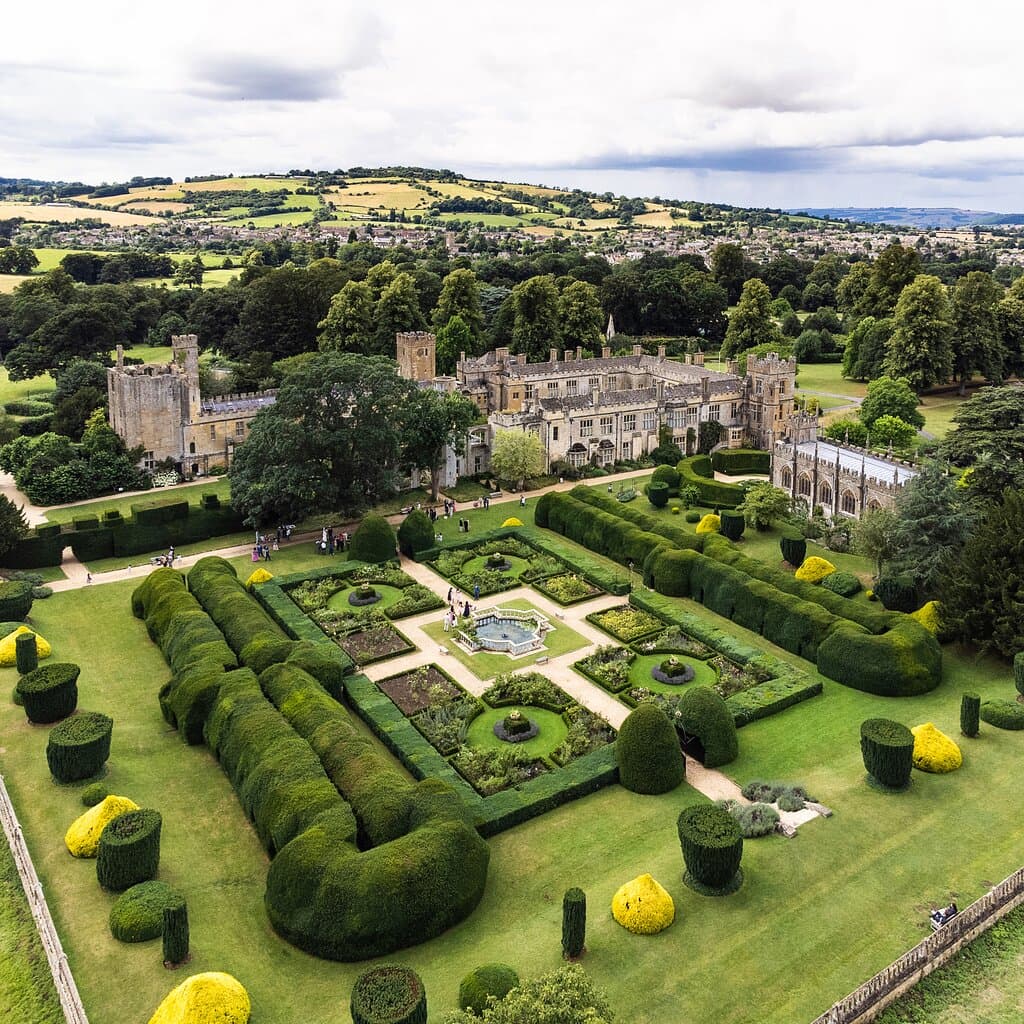 Views over the Queen's Garden to Sudeley Castle. The chapel of St Mary's, which is the final resting place of Henry VIII final wife, Katherine Parr, can be spotted to the right.