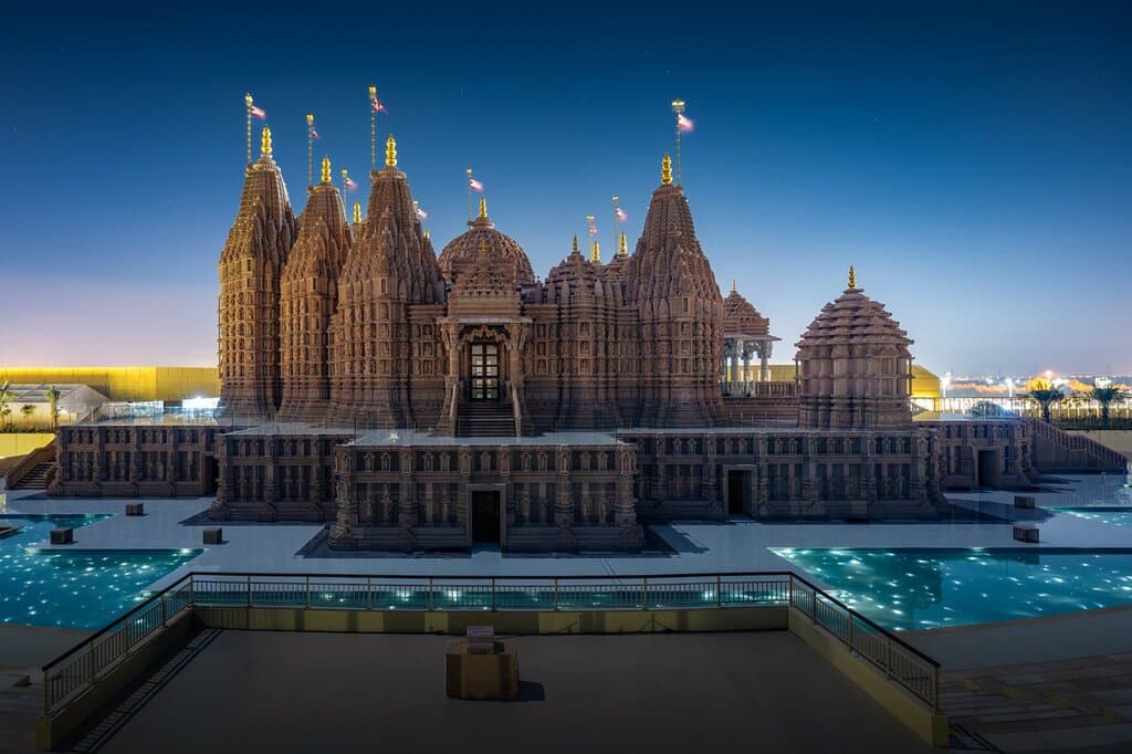The BAPS Hindu Mandir at night. 