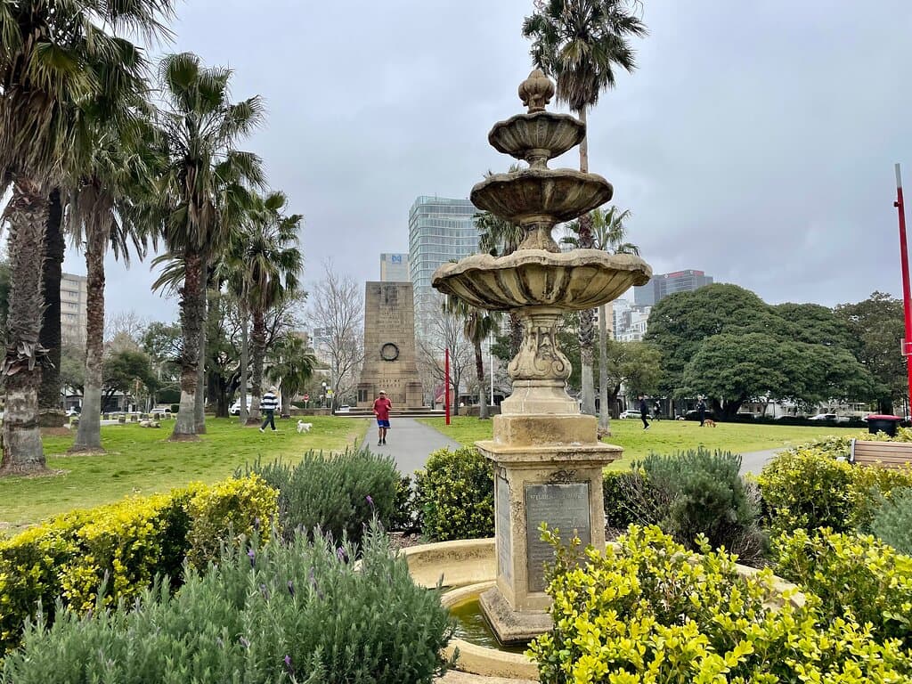 The Tunks Memorial Fountain and the North Sydney War Memorial at historic St Leonards park, North Sydney.