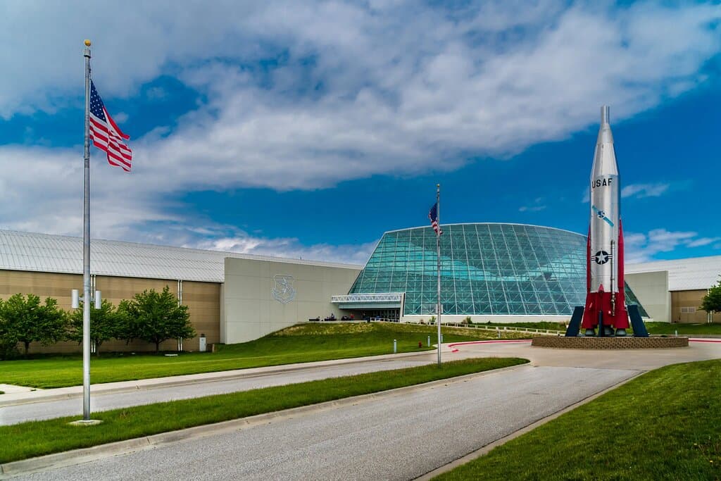 An external view of the front entrance of the Strategic Air Command & Aerospace Museum.