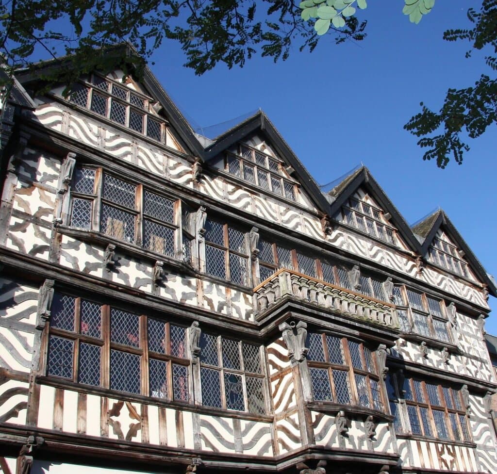 The Ancient High House, taken from the High Street in Stafford on a sunny day.