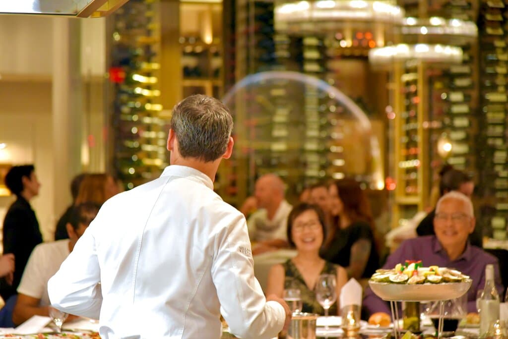 The Kitchen serves a six-course prix fixe dinner menu based upon the best and freshest ingredients available, most of which are procured locally and regionally. The executive chef and staff present the meal in a lively, theatrical demonstration format.