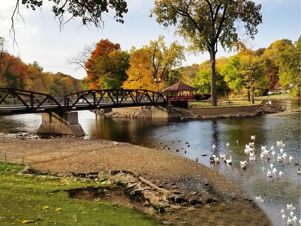 The bridge, gazebo, and Grand River views at Island Park, in the fall