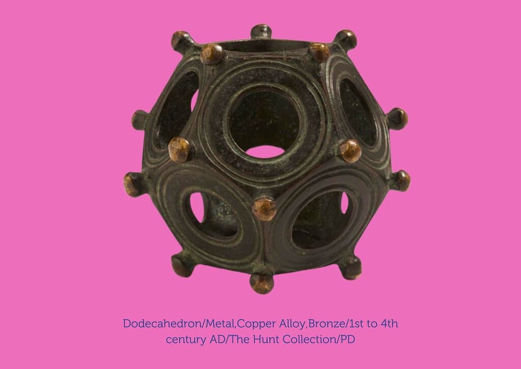 This 12-sided bronze object has 12 circular holes of different diameters set within 12 equal pentagons, which are marked by spherical projections of equal size at each corner. Concentric grooves are forged around the holes of each of the 12 faces. Despite such objects being found in the northern provinces of the Roman Empire, there is no mention of them in classical sources and their purpose remains unclear.