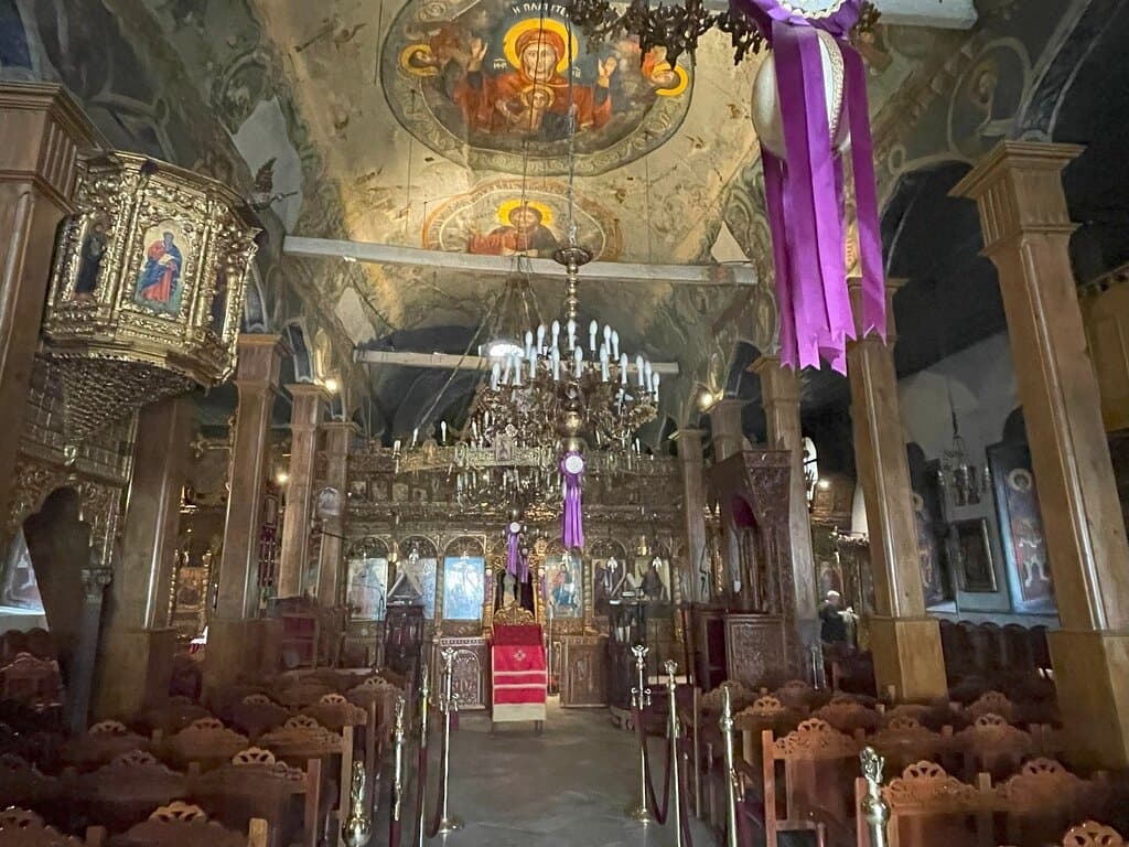 Nea Panagia - interior view, with iconostasis and ceiling paintings