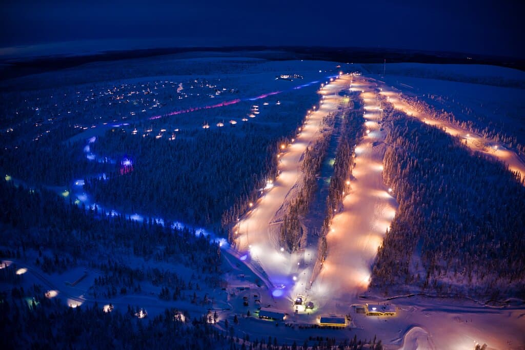 Kaunispää during polar night. Aurora Tobogganing lights are on and visible almost the whole day.