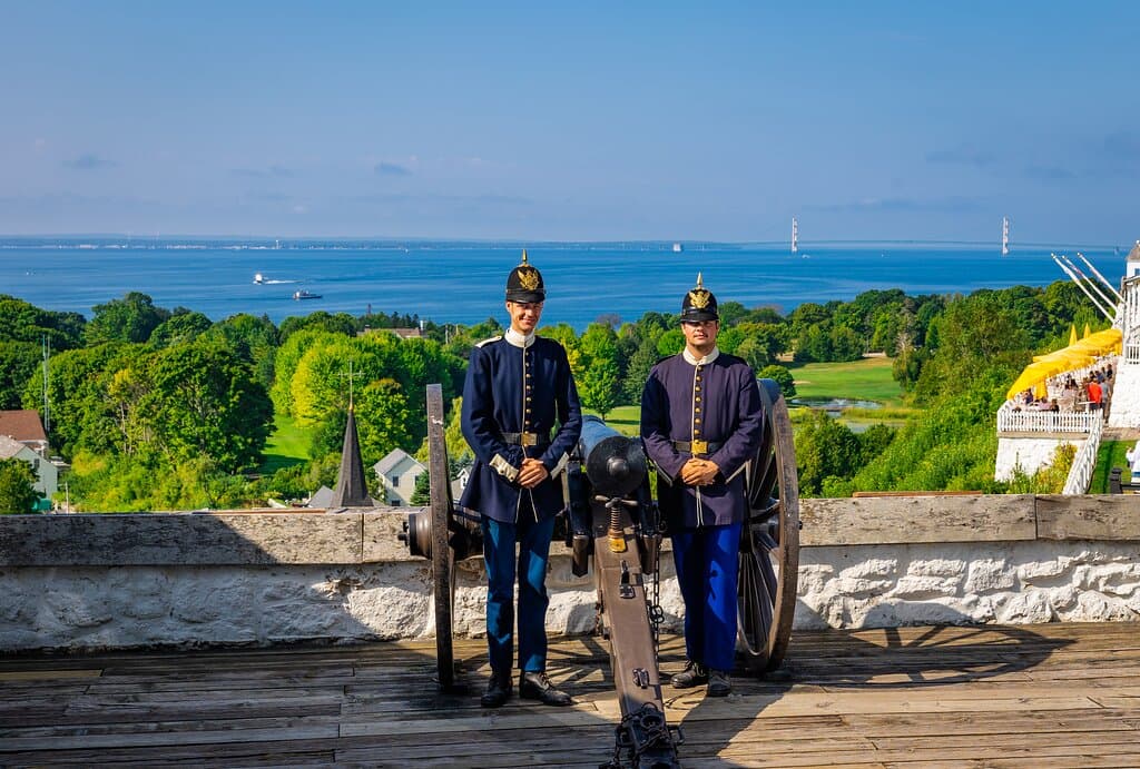 The iconic Fort Mackinac cannon fires every hour in demonstrations led by historic interpreters. 