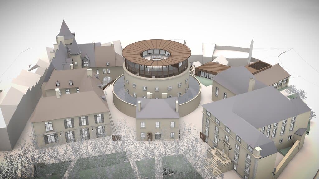 Vue aérienne du projet présentant l’ensemble des bâtiments (de gauche à droite : musée Rolin, prison, Palais de Justice, halle d’Hallencourt) © Atelier Novembre