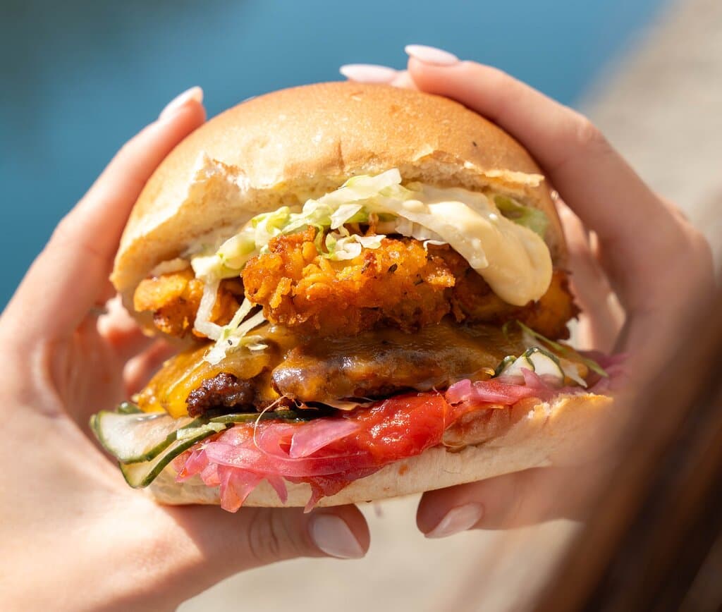 040 burger con pollo fritto, burger di manzo e formaggio cheddar