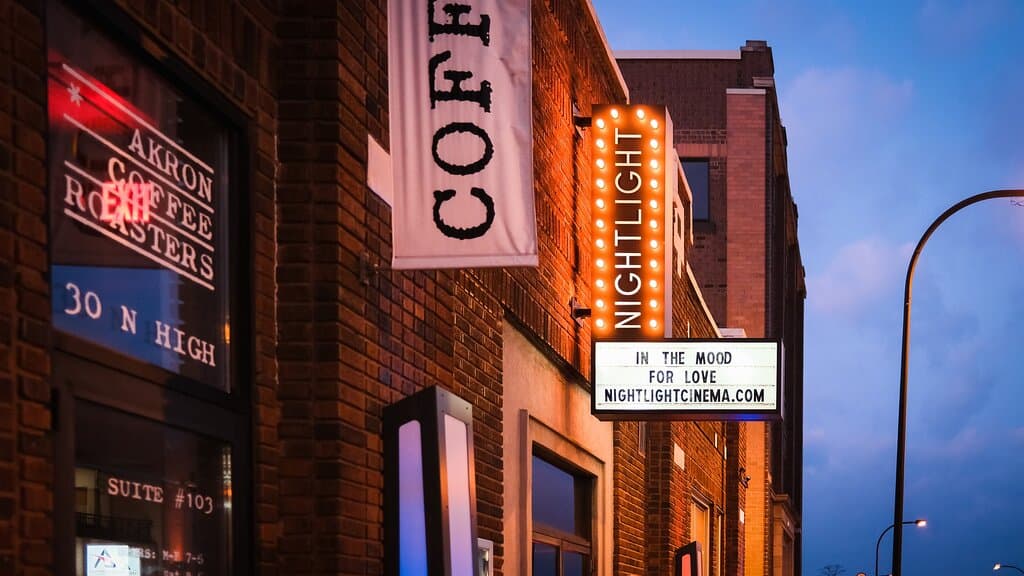 An exceptional arthouse cinema experience — for everyone. The Nightlight is an independent, 501(c)(3) nonprofit movie theater in downtown Akron, Ohio, dedicated to fostering community through quality cinema made more accessible. Open nightly since July 2014, we've been the cozy go-to spot for you to enjoy the cinematic art form alongside our diverse community of curious filmgoers, here in Akron and across Northeast Ohio.