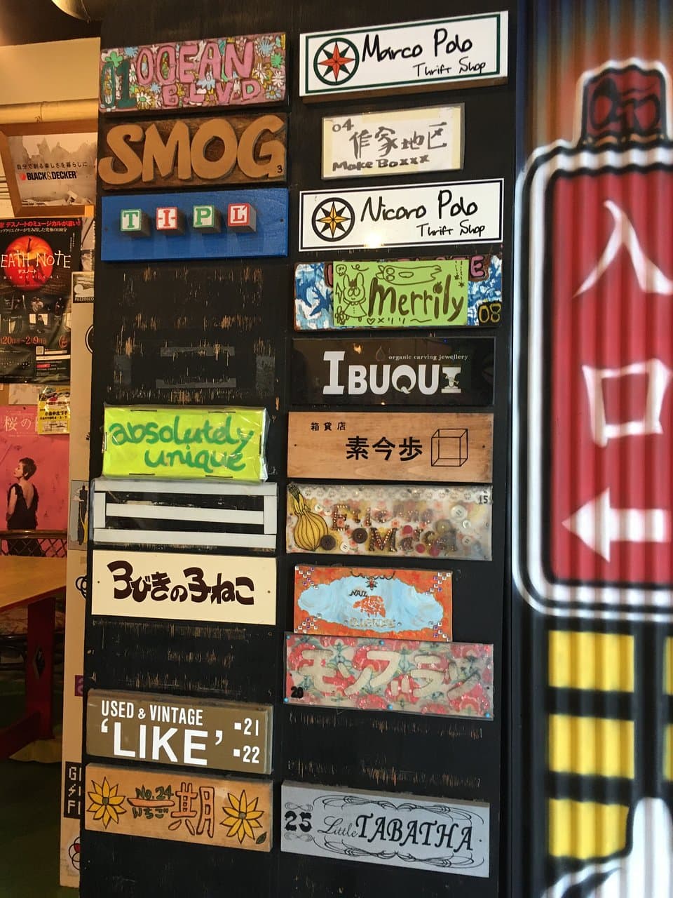 Sign showing some of the boutiques in Shimokita Garage Department