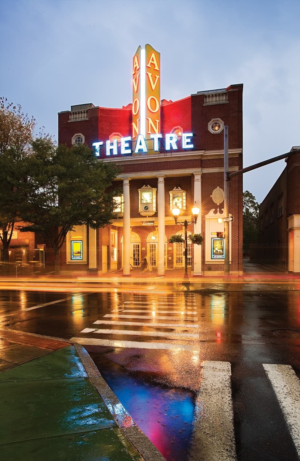 The Avon Theatre at night.