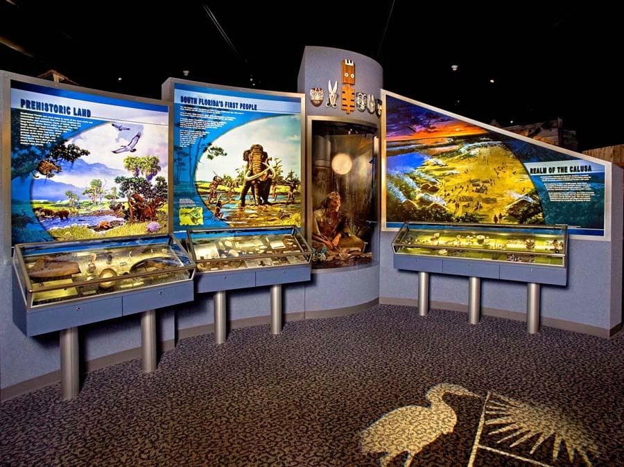 Exhibit hall of Collier Museum at Government Center. Selection of cases with prehistoric artifacts.