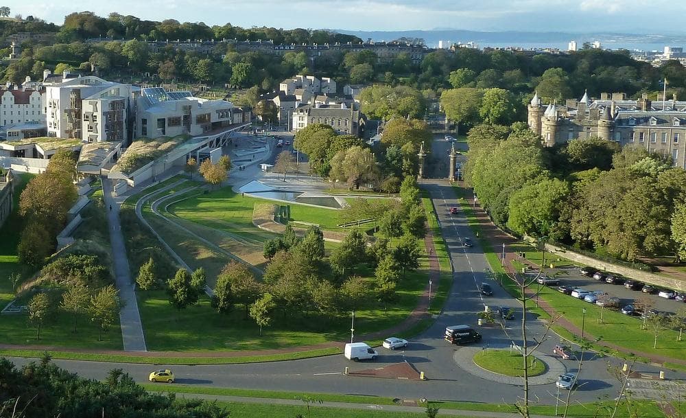 Scottish Parliament building from the path to Salisbury Crags